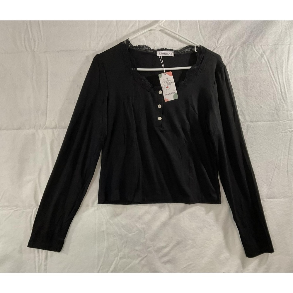 KOMEIANA T-Shirt Womens L Black Henley Long Sleeve Lace Trim Stretch Jersey